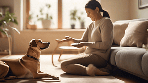 Create an image of a serene living room scene where a calm dog is sitting quietly next to its owner. The owner is using gentle training techniques, like a