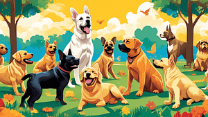 Create an illustration showcasing a variety of the most popular dog breeds of 2024, including Golden Retrievers, French Bulldogs, Labrador Retrievers, and