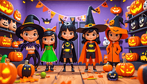 Create an image of a vibrant Halloween scene featuring a diverse group of children trying on various costumes in a fun store. Show a mix of classic costume