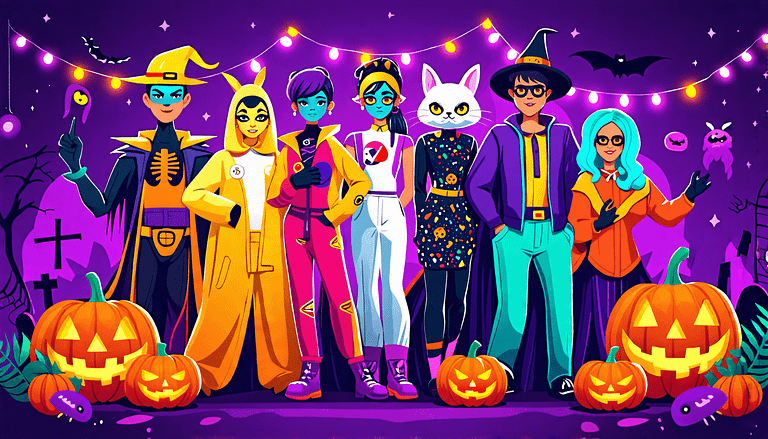 Create an artistic illustration showcasing the popular Halloween costume trends for 2024. Include a diverse group of people wearing trendy costumes such as