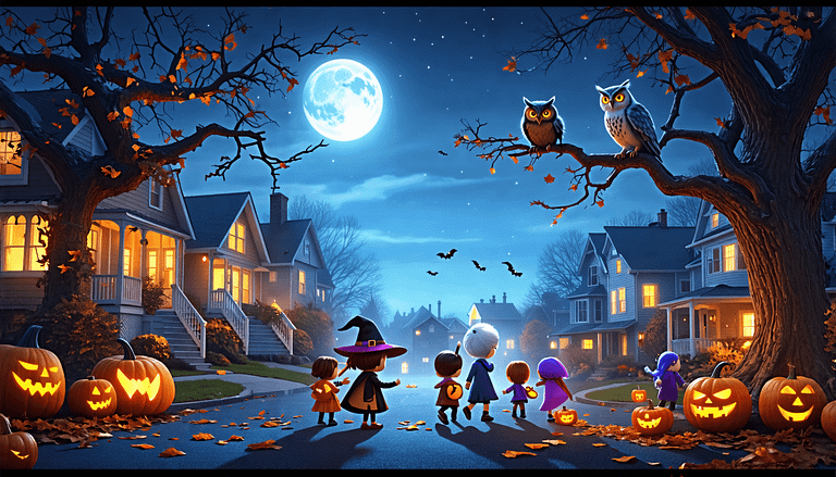 Create an illustration depicting a whimsical Halloween scene featuring children dressed in various costumes like a witch, a ghost, and a superhero, happily